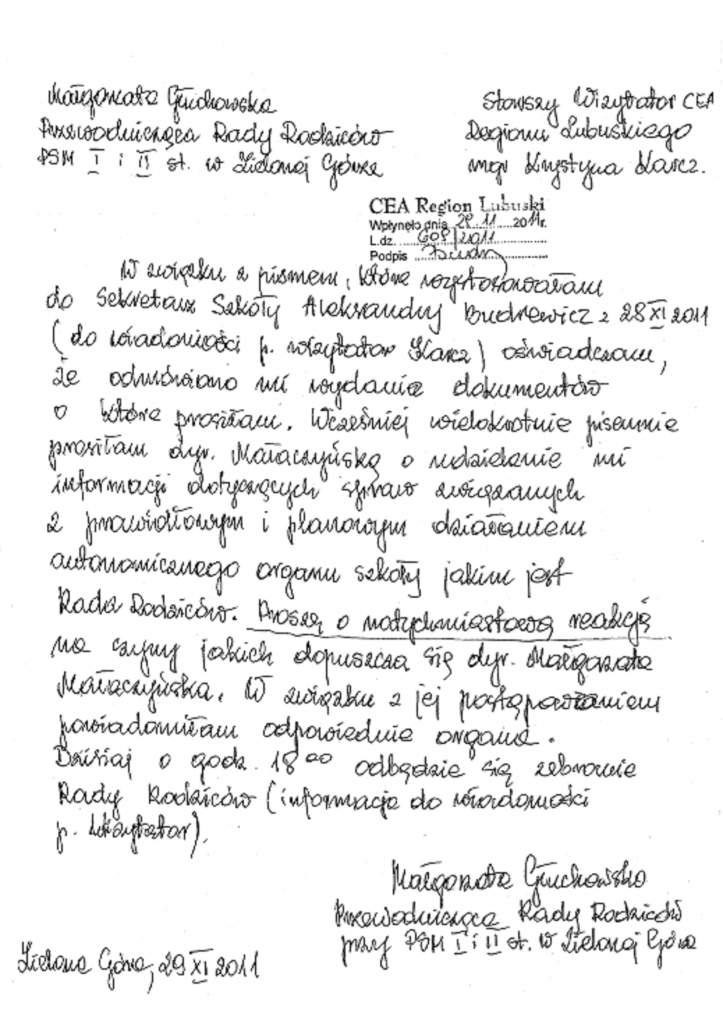 Informacja Małgorzaty Głuchowskiej dla Wizytatora CEA 29 listopada 2011