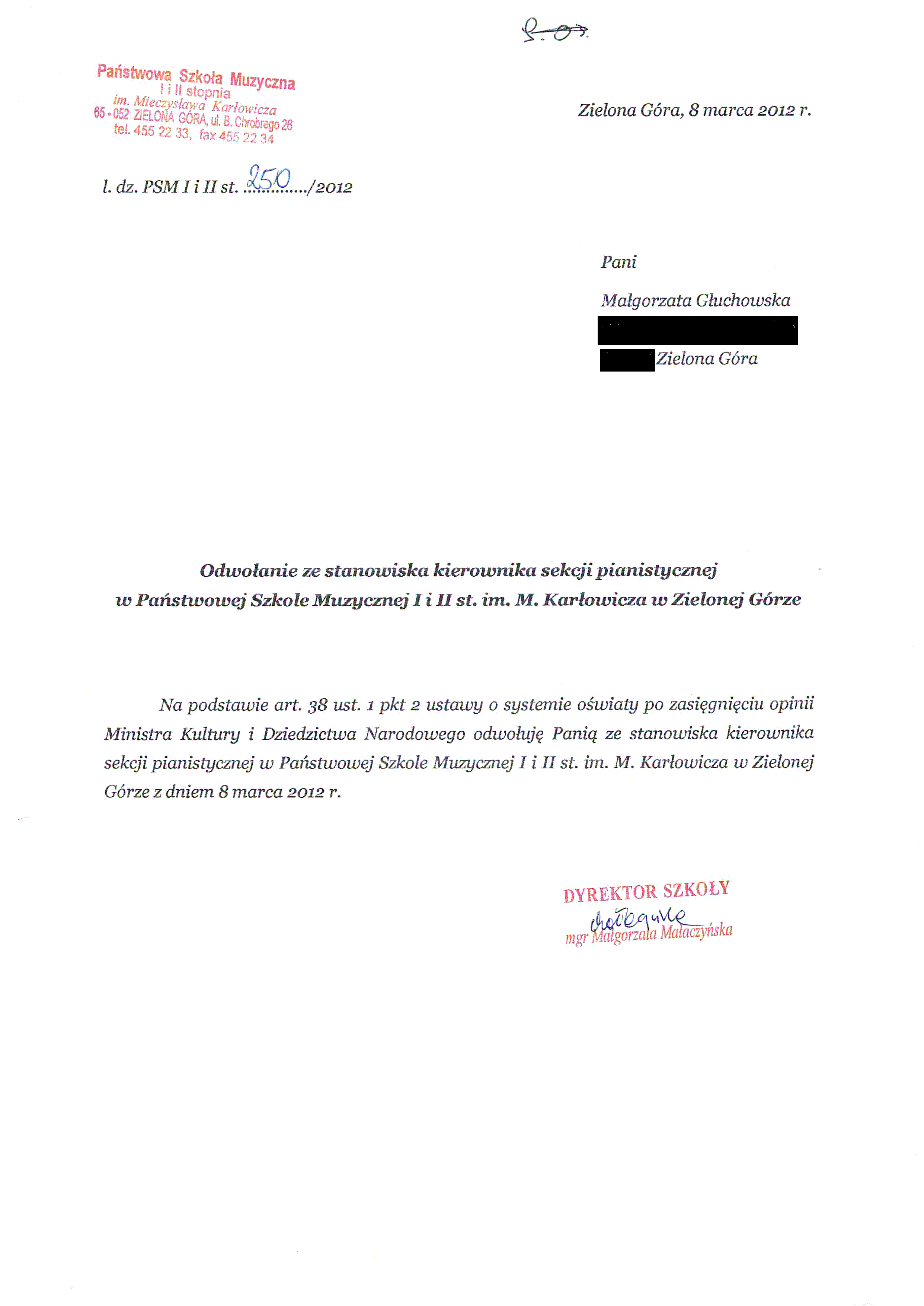 Pismo zwalniające Małgorzatę Głuchowską ze stanowiska kierownika sekcji 8 marca 2012