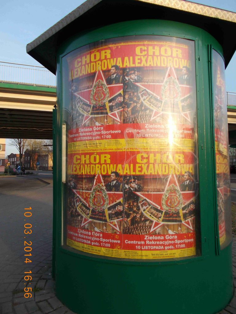 Posters about the performance of the Red Army Choir, know also as Alexandrov Choir, were prominently displayed in a busy part of the city for at least 5 months after the event. The concert occurred on 10 November 2013. The picture was taken on 10 March 2014