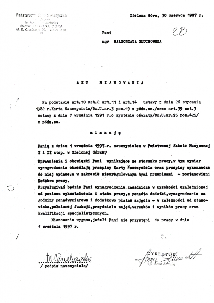 Akt mianowania Małgorzaty Głuchowskiej 30 czerwca 1997, Państwowa Szkoła Muzyczna I i II stopnia w Zielonej Górze, ul. Chrobrego 26