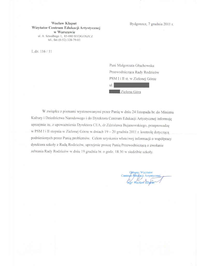 Pismo wizytatora Wacława Kłaputa do Małgorzaty Głuchowskiej 7 grudnia 2011. Kłaput zaadresował pismo do przewodniczącej rady rodziców, choć wiedział, że została odwołana z tej funkcji 29 listopada 2011.