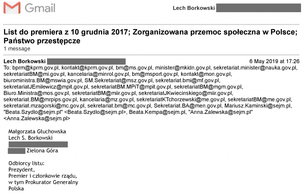 List Małgorzaty Głuchowskiej i Lecha Borkowskiego został wysłany do premiera i członków rządu. Czas w nagłówku poczty podany jest według strefy BST (British Standard Time).