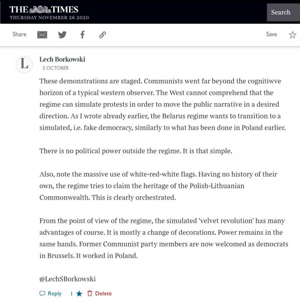 Lech S Borkowski comment The Times 5 October 2020, komentarz Lecha S Borkowskiego w The Times 5 października 2020