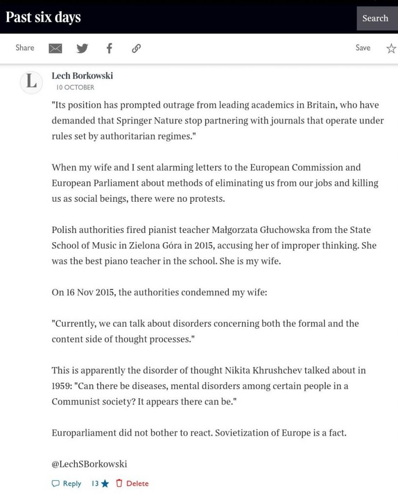 Lech S Borkowski comment The Times 10 October 2020
