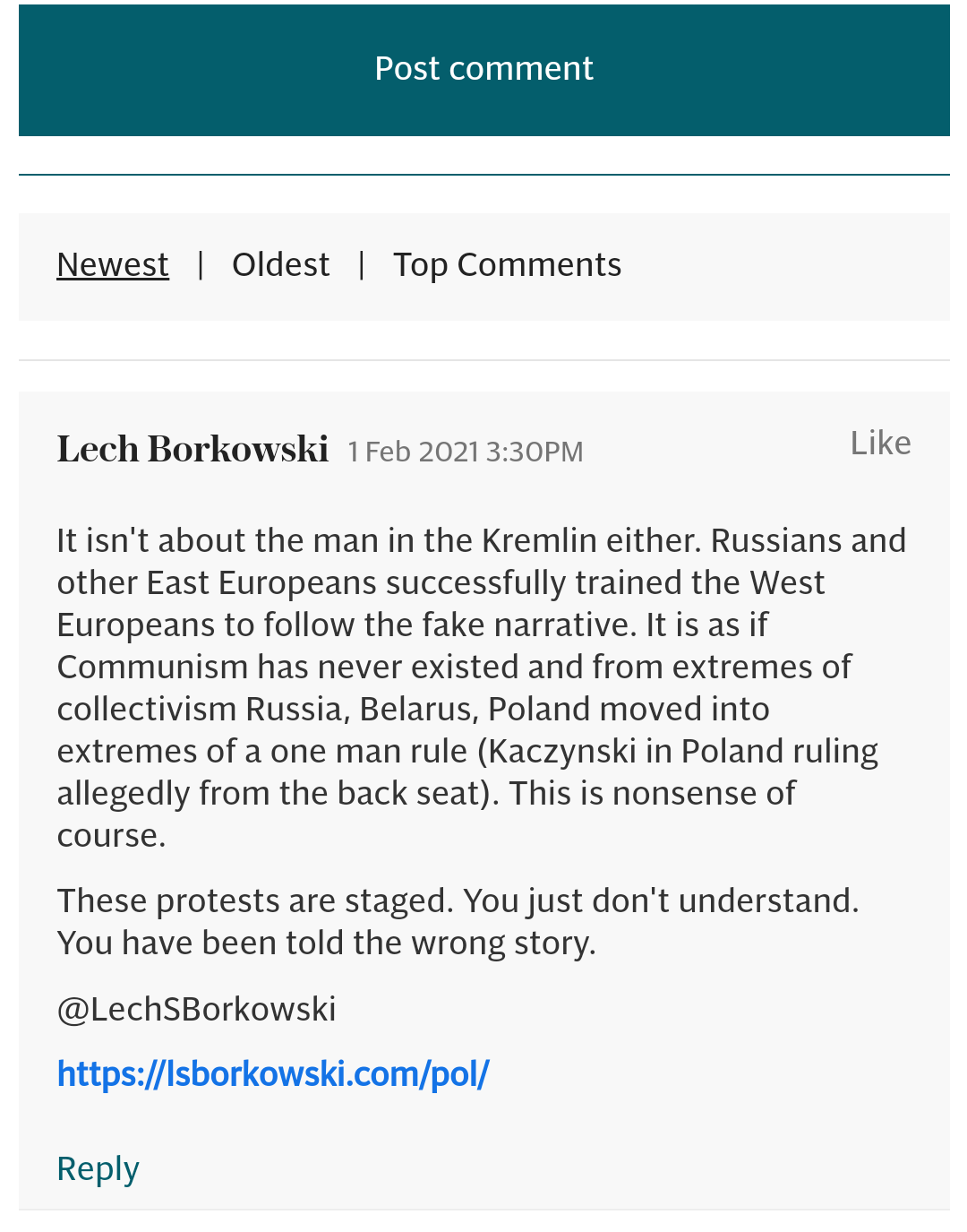 Lech S Borkowski komentarz w The Telegraph 1 lutego 2021