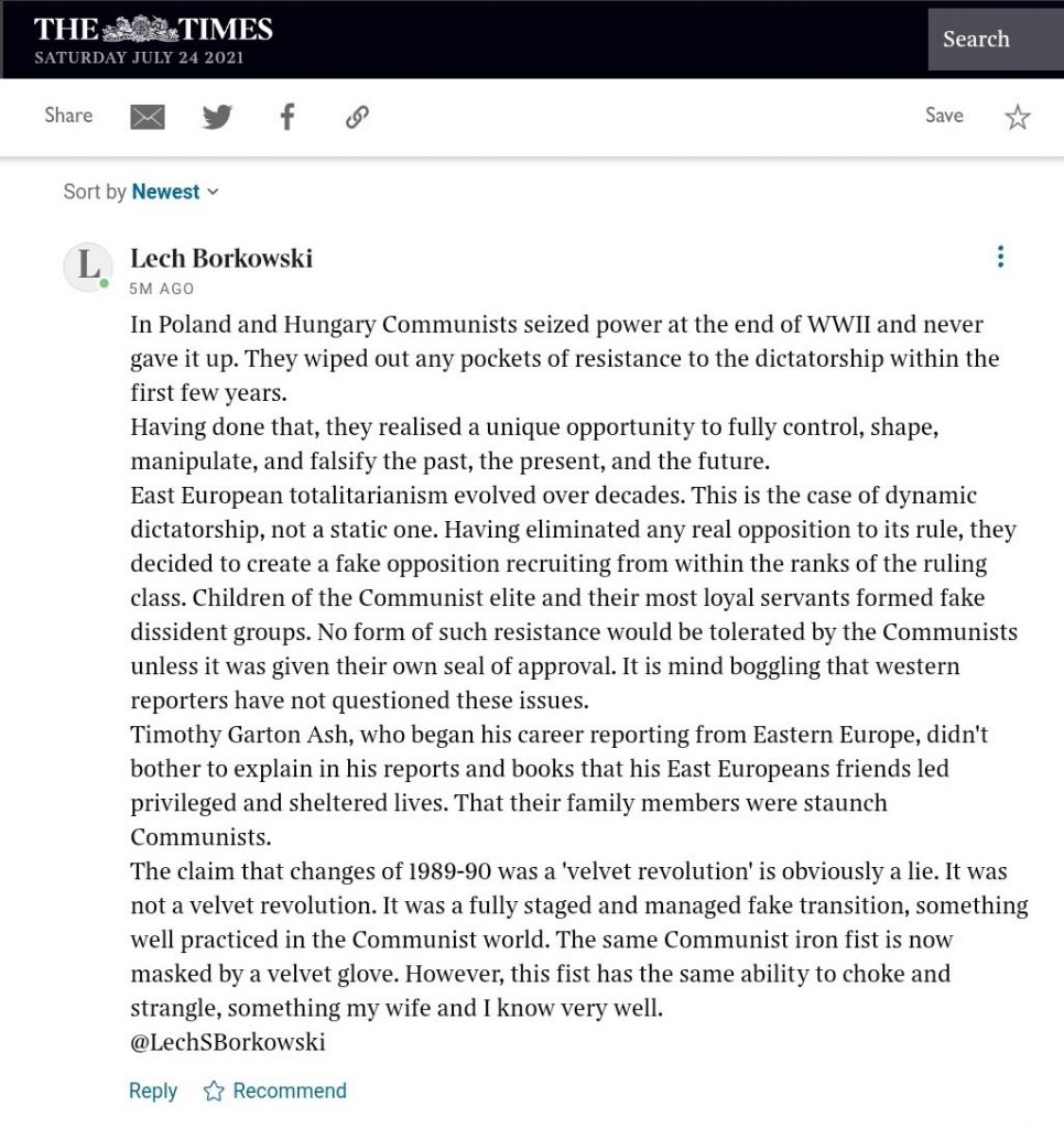 Lech S Borkowski comment in The Times 24 July 2021 An iron fist in a velvet glove